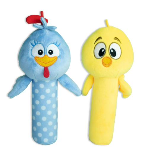 COMBO SONAJAS DE PALITO GALLINA PINTADITA Y POLLITO AMARILLITO